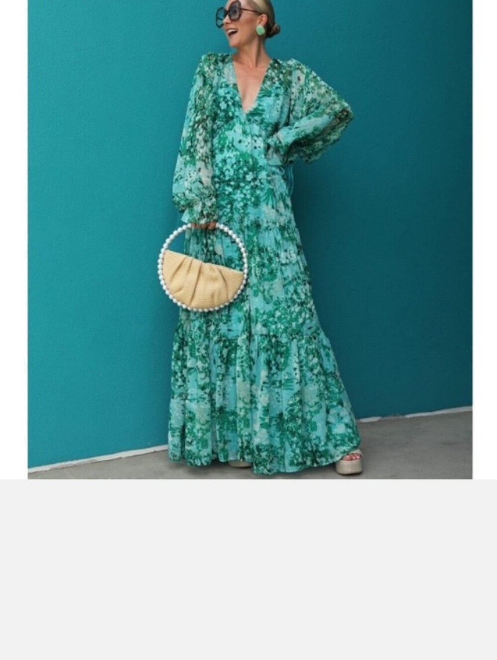 ASOS Green Floral V-Neck Long Sleeve Maxi Dress